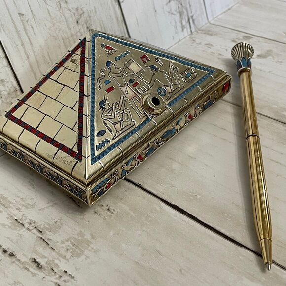 Golden Egyptian Pen Set Limited Edition Hand Painted Pyramid Shaped Office Decor - Picture 6 of 9